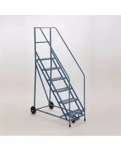 Blue heavy-duty mobile safety steps with five treads, rear wheels, and handrails for secure warehouse and industrial access