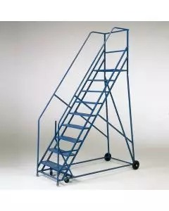 Heavy-duty blue mobile warehouse steps with six treads, safety rails, and rear wheels for elevated industrial access