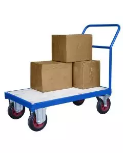 Industrial flatbed trolley with white wooden deck, blue steel frame, red-rimmed castor wheels and cardboard boxes loaded for transport