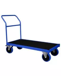 Heavy-duty flatbed trolley with blue steel frame, black platform surface and large castor wheels for industrial material handling