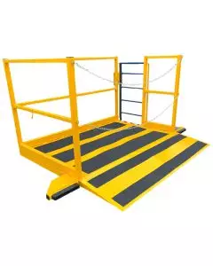 Heavy-duty yellow lorry loading platform with ramp, anti-slip strips, and safety chains for forklift access and secure loading operations
