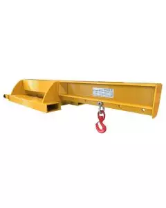Heavy-duty Maxi Lift forklift jib attachment with red swivel hook and fork pockets for secure overhead lifting operations
