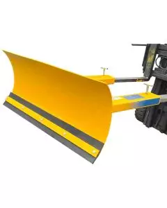 Fixed blade forklift snow plough attachment with yellow curved blade and black rubber edge for efficient snow clearance