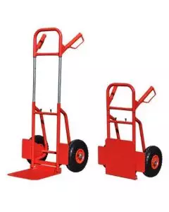Heavy-duty red folding sack truck with pneumatic wheels shown in upright and collapsed positions for easy storage and transport