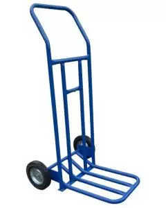Heavy-duty blue folding toe sack truck with tubular steel frame and solid rubber wheels for transporting large items