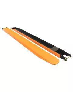 Fork protection sleeve covers in orange and black for enhanced safety and durability on forklift forks.