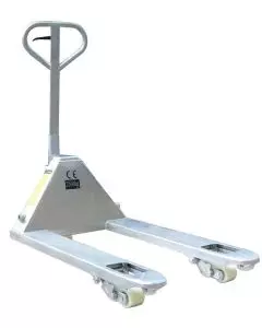 Galvanised hand pallet truck with nylon steering wheels and corrosion-resistant steel forks for hygienic material handling in wet or food environments