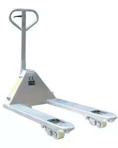 Galvanized hand pallet truck with a durable finish, featuring smooth wheels and a robust structure designed for heavy-duty lifting and transport.