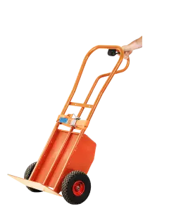 Orange electric powered sack truck with pneumatic tyres, foldable footplate, secure blue safety strap, and ergonomic handle held by hand for easy load transport