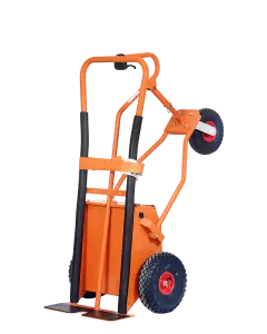 Orange powered sack truck with reinforced frame, pneumatic wheels, padded vertical supports, and electric controls for heavy load handling