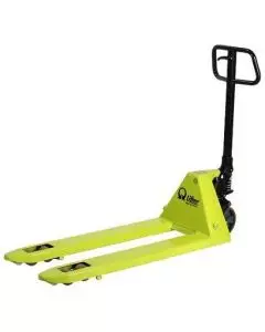 Lifter-branded green pallet truck with ergonomic black handle and reinforced steel forks for warehouse use.