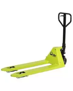 Lifter-branded lime green pallet truck with a sturdy black handle, designed for smooth and efficient manual handling of pallets in warehouses and industrial environments.