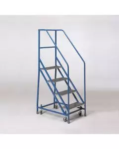 Standard duty mobile safety steps with four anti-slip treads, top platform, rear wheels, and handrails for warehouse access tasks