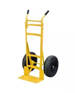 Yellow sack truck with ergonomic handles and large pneumatic wheels, ideal for transporting heavy loads across uneven surfaces.