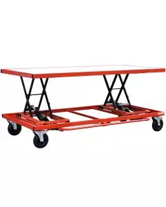 Adjustable height worktable trolley with dual scissor lift mechanism and heavy-duty castor wheels for mobile workspace support