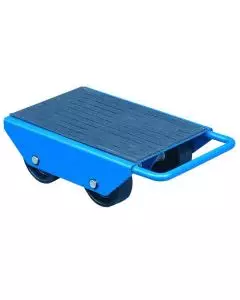 Heavy-duty individual skate with blue steel frame, rubberised platform, and twin rollers for smooth load transportation