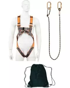 LifeGear MEWP harness kit, featuring an orange and grey safety harness, two carabiners with a lanyard, and a black drawstring storage bag.