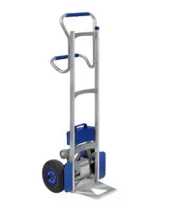 Liftkar SAL Uni powered stair climber with upright aluminium frame, motorised wheels, and twin handle grips for safe stair transport