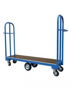 Blue cash and carry trolley with sturdy metal frame, durable wheels, and a wooden platform, designed for easy transportation of goods in retail or warehouse settings.
