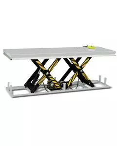 Long static lift table with scissor mechanism and remote control, designed for heavy-duty material handling, featuring black and yellow safety stripes.