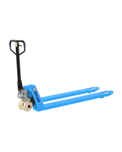 Blue Liftruck branded long mover pallet truck with black handle and white nylon wheels, side view showing extended forks and hydraulic lifting mechanism