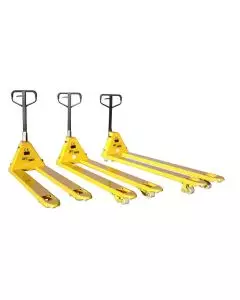 Set of three yellow pallet trucks with varying fork lengths, featuring ergonomic black handles, sturdy steel construction, and durable nylon wheels for efficient material handling.