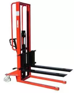 Manual pallet stacker with adjustable forks and rear castor wheels for lifting and stacking pallets in warehouse and industrial settings
