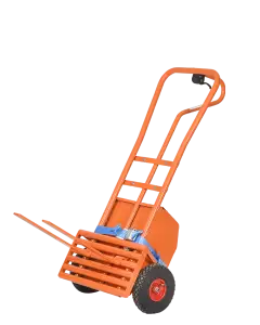 Orange Goodsman T powered sack truck with steel frame, pneumatic wheels, foldable footplate, and electric lifting mechanism secured by blue strap