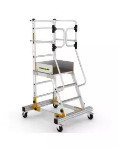 Climb-It mobile safety steps with self-closing gate, aluminium platform, and lockable castors for secure elevated access in warehouse or maintenance settings
