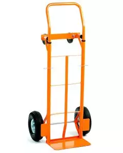 Heavy-duty two-way sack truck with bright orange steel frame, pneumatic tyres, reinforced footplate, and dual-position handle for versatile load handling