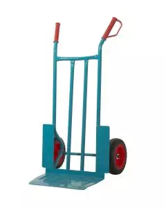 Apollo heavy-duty sack truck with puncture-proof wheels, blue steel frame, wide toe plate, and red safety handles for reliable material handling