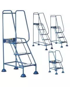 Climb-It Domed Feet Safety Steps in multiple sizes with handrails and anti-slip treads for safe elevated access in warehouse and industrial settings