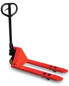 Red Mini Hand Pallet Truck with black handle and durable wheels, ideal for compact and lightweight material handling in tight spaces.