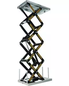 Silverstone high-lifting static table with hydraulic system, black and yellow safety stripes, and high lifting capacity for heavy industrial lifting applications.