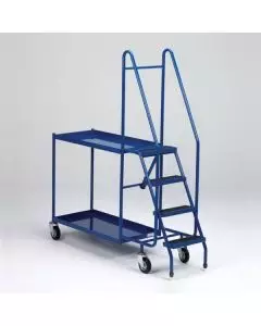 Blue mobile order picking trolley with integrated steps, handrails, and two-tier shelving on swivel castor wheels for warehouse use
