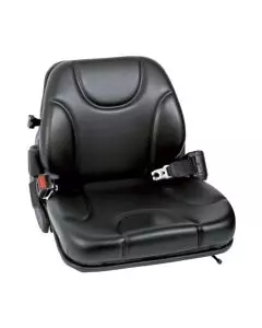 Non-suspension forklift seat with contoured black vinyl cushioning, integrated seat belt, and durable compact design for operator safety and support
