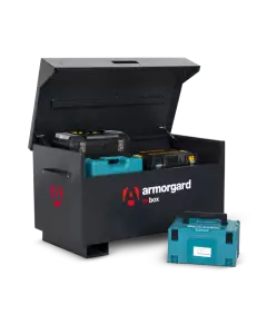 Opened Armorgard Oxbox equipment and tool box with tools inside, including two black and blue tool cases, displaying the Armorgard logo.