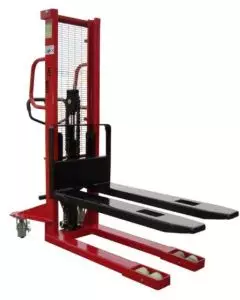 LTKI1000 manual pallet stacker with mesh safety guard and adjustable black forks for efficient pallet lifting in warehouse operations