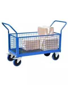 Platform truck with four mesh sides, sturdy steel construction, and durable wheels for secure and efficient material handling in industrial settings