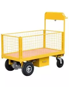 Powered platform truck with removable mesh side panels, sturdy base, and durable wheels for secure and efficient material handling in industrial environments