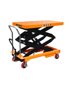 Manual double lift mobile scissor table with orange top, black frame, ergonomic handle for easy lifting and mobility, suitable for industrial use.