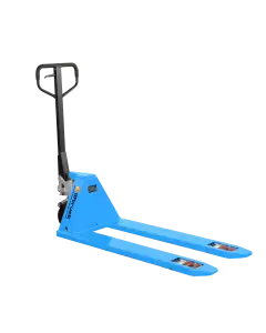 Blue Liftruck low profile pallet truck with black handle and red polyurethane rollers, isolated on white background, designed for low clearance pallets and smooth operation