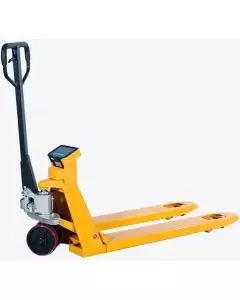 Yellow scale hand pallet truck with built-in digital display for weighing loads during transport and handling