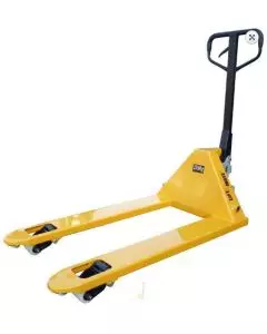 Yellow Semi-Low Profile Pallet Truck with a black handle and reinforced wheels for easy pallet lifting.