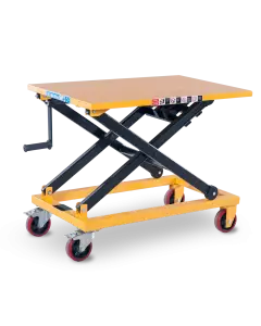 300kg Mobile Scissor Lift Table with winch, featuring a sturdy yellow frame, black scissor mechanism, ergonomic crank handle, and four durable castor wheels for easy maneuverability.