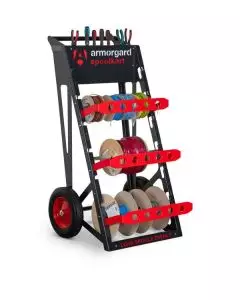 Armorgard SpoolKart mobile cable reel dispenser with three red support bars, holding multiple wire spools and integrated tool storage