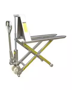 Stainless steel high lift pallet truck with raised scissor lift forks and hydraulic lifting mechanism for ergonomic load handling in hygienic environments