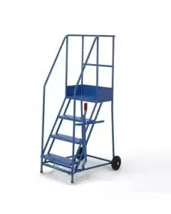 Standard duty mobile safety steps with four anti-slip treads, top platform, rear wheels, and handrails for warehouse access tasks