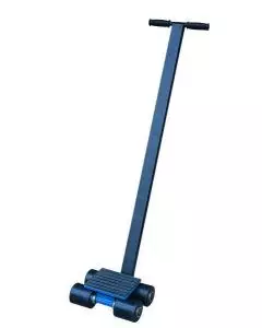 Heavy-duty steerable machine skate with long T-bar handle and non-slip platform for controlled directional load transport