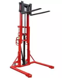 Heavy-duty red straddle pallet stacker with wide leg base, elevated black forks, hydraulic lift mechanism, and ergonomic handle for handling closed-bottom pallets